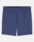 Navy blue shorts with a brand logo on a white background