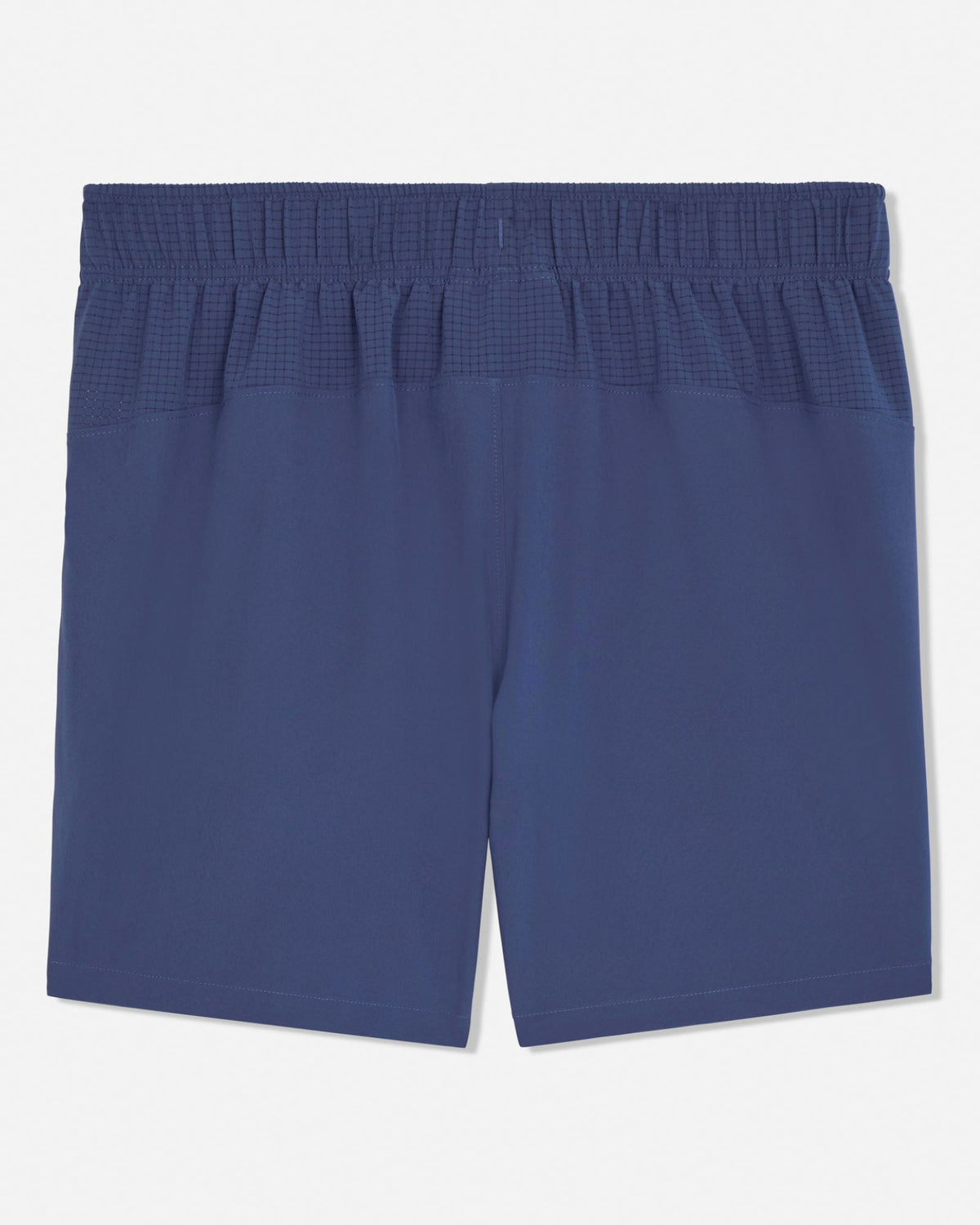 Blue shorts with a checkered waistband on a white background