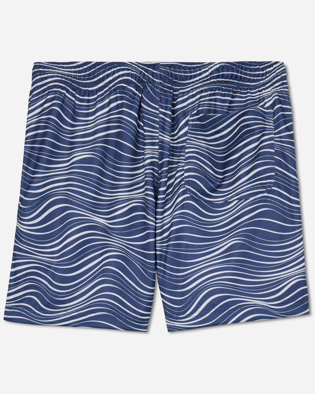 Back of navy mesh shorts with wave design