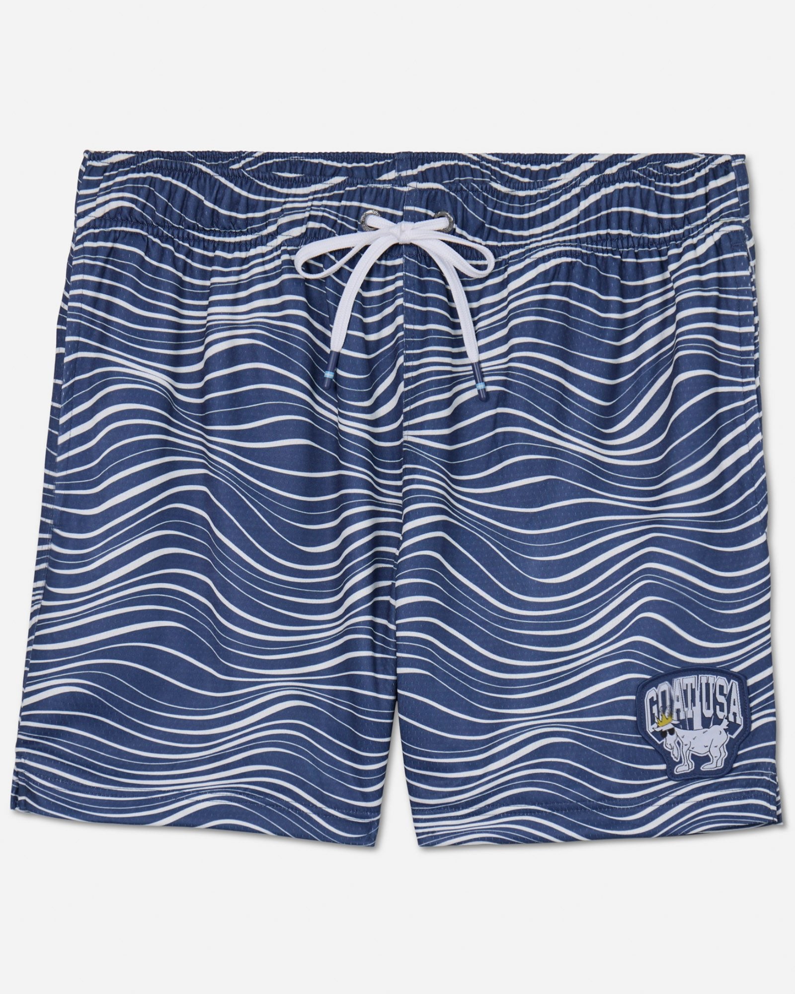 Front of navy mesh shorts with wave design#color_navy