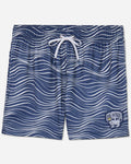 Front of navy mesh shorts with wave design