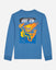 Blue long-sleeve shirt with colorful graphic design on a light gray background