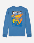 Blue long-sleeve shirt with colorful graphic design on a light gray background