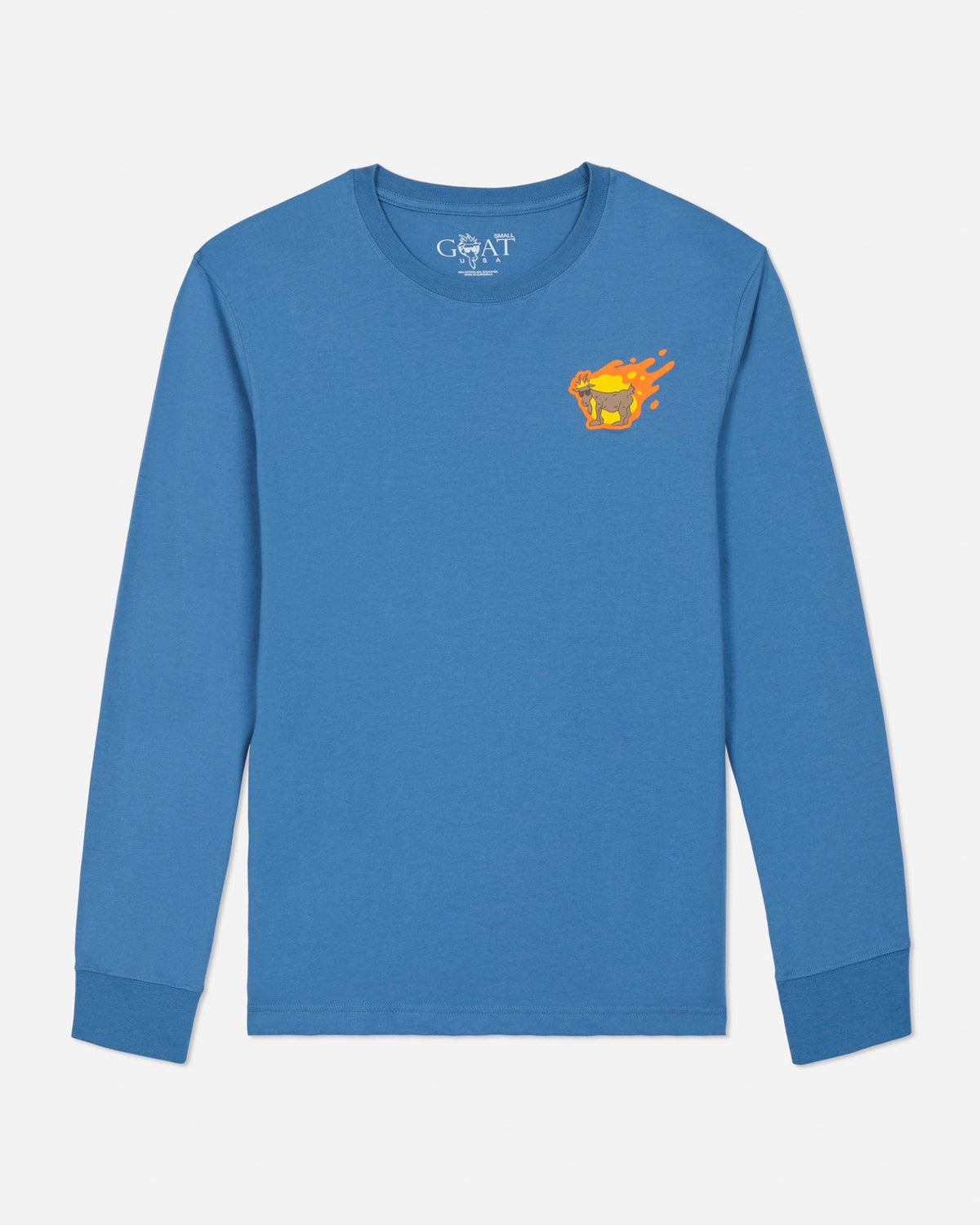 Blue long-sleeve shirt with a small orange logo on a light gray background