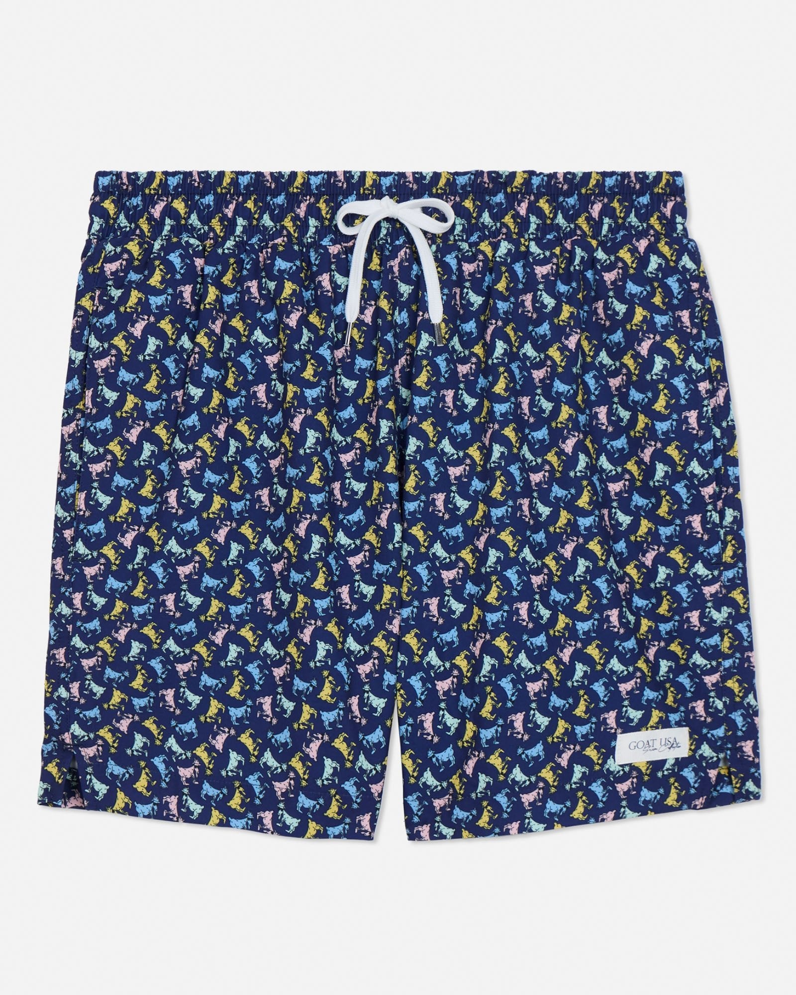 Navy swim shorts with colorful goat pattern on a light gray background