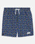 Navy swim shorts with colorful goat pattern on a light gray background