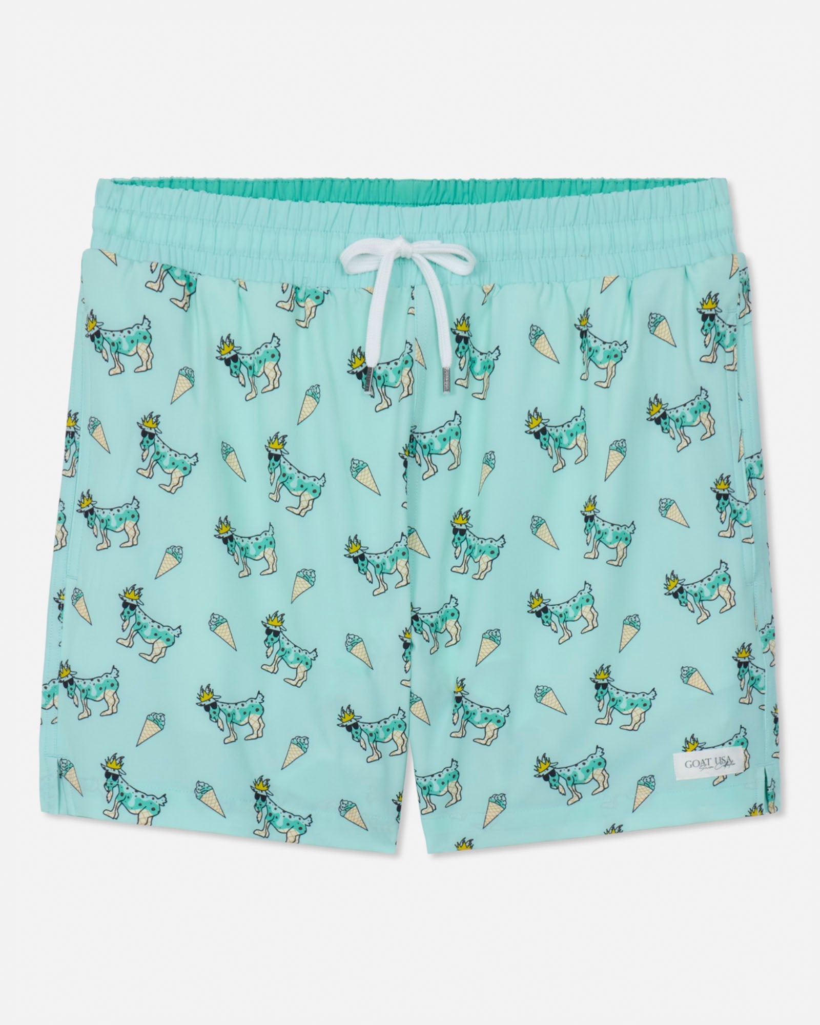 Mint swim shorts with goat and ice cream pattern on a white background