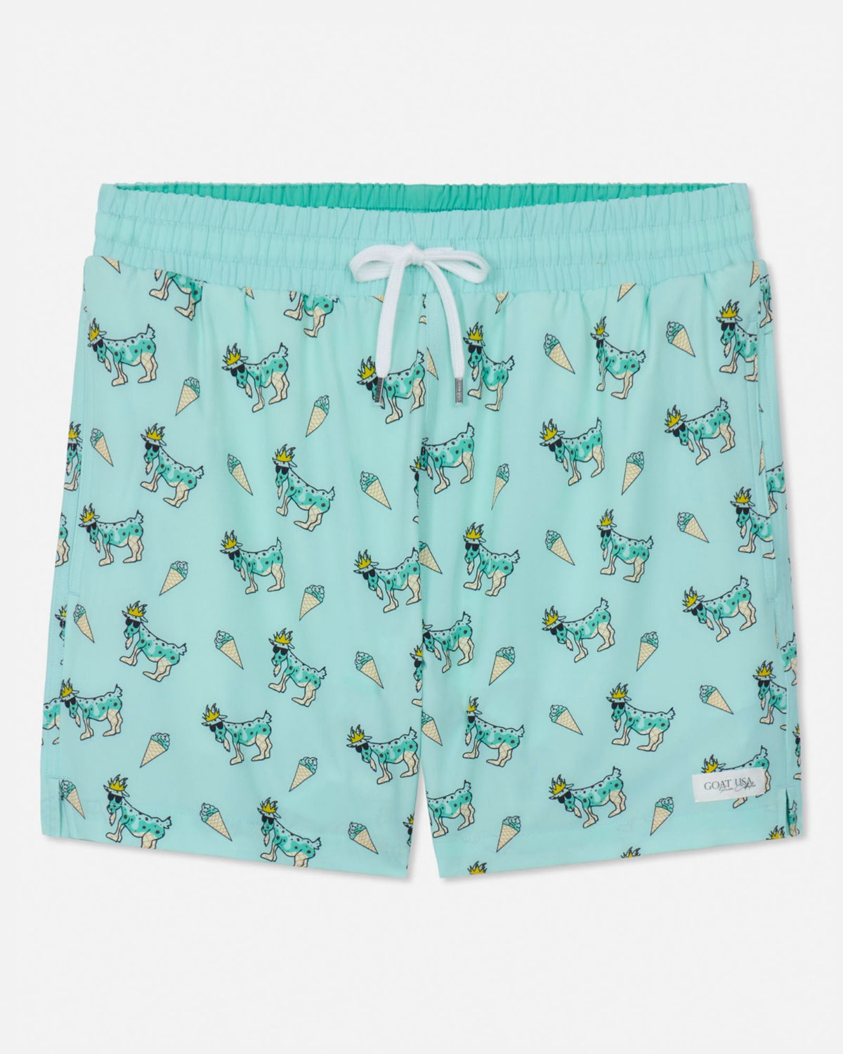 Mint swim shorts with goat and ice cream pattern on a white background