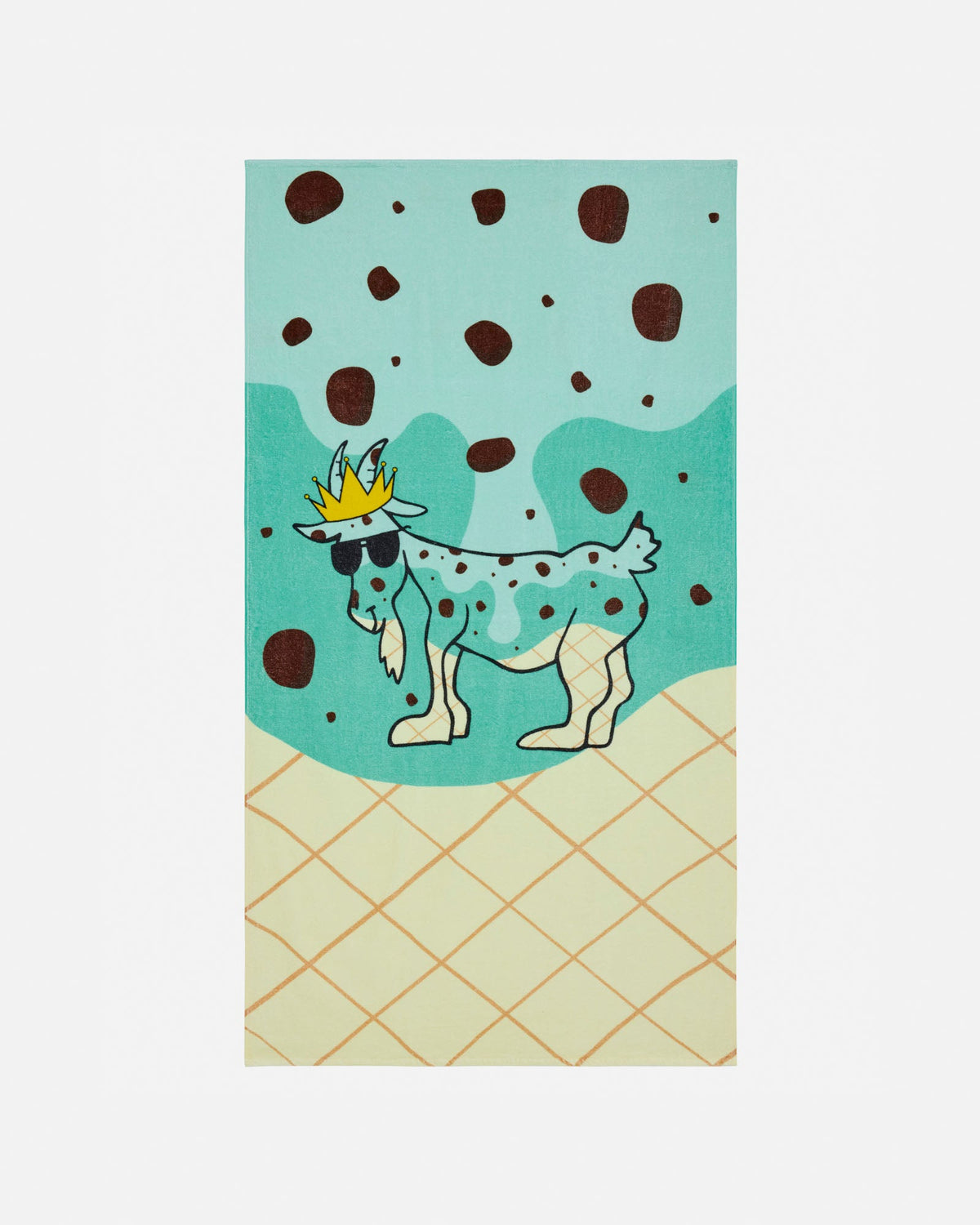 Illustration of a goat with a crown on a mint background with chocolate chips