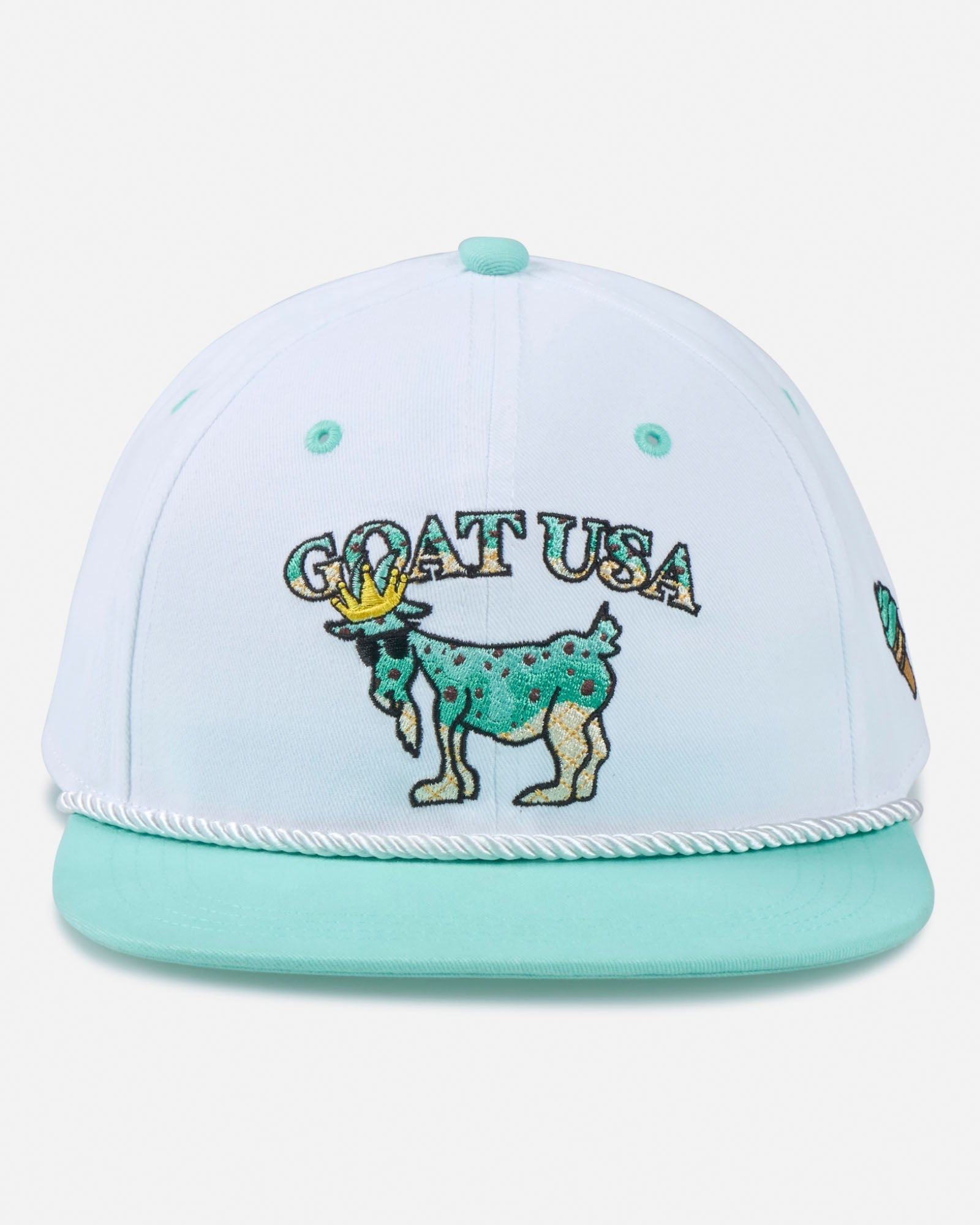 White and light green cap with 'GOAT USA' and goat illustration on a white background