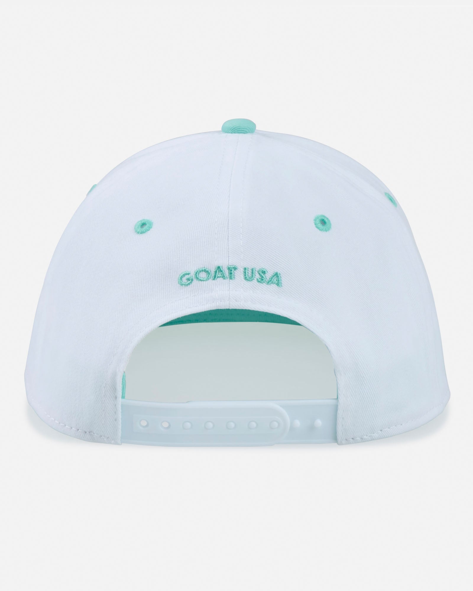 White and light green cap with 'GOAT USA' text on a white background