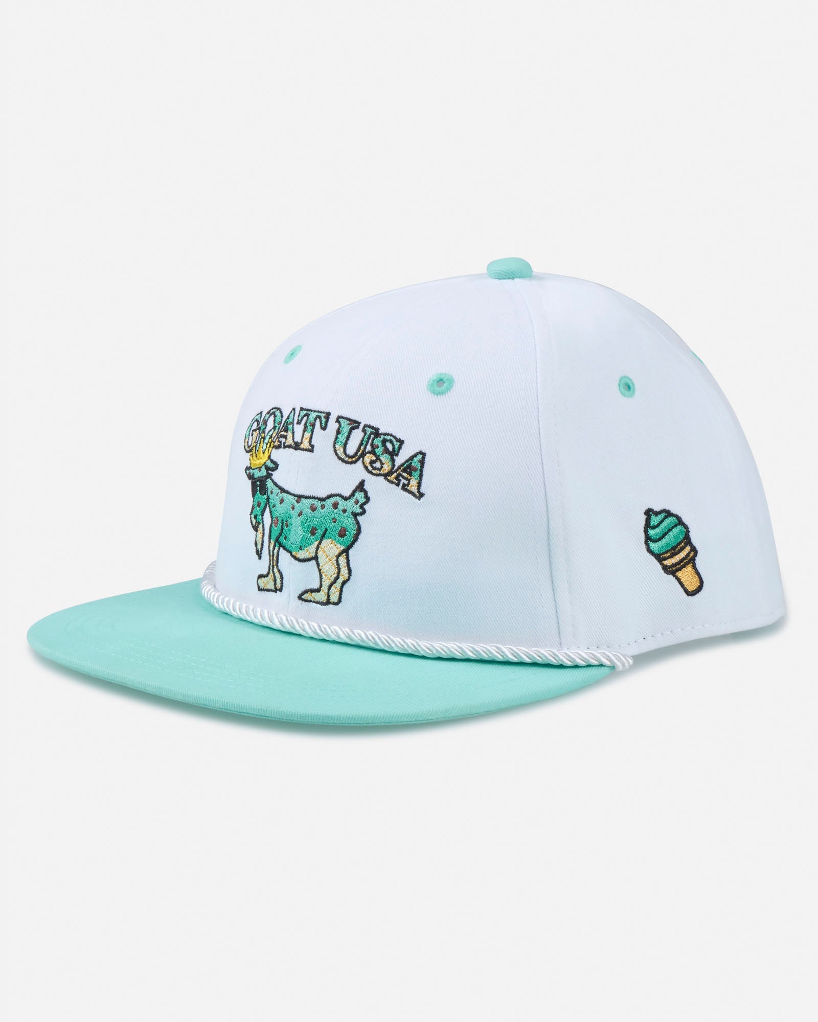 White and light green cap with 'Goat USA' text and ice cream cone design on a white background