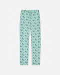 Light green pajama pants with goat pattern on a white background