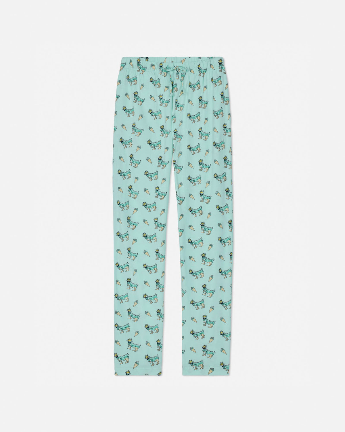 Light green pajama pants with goat pattern on a white background