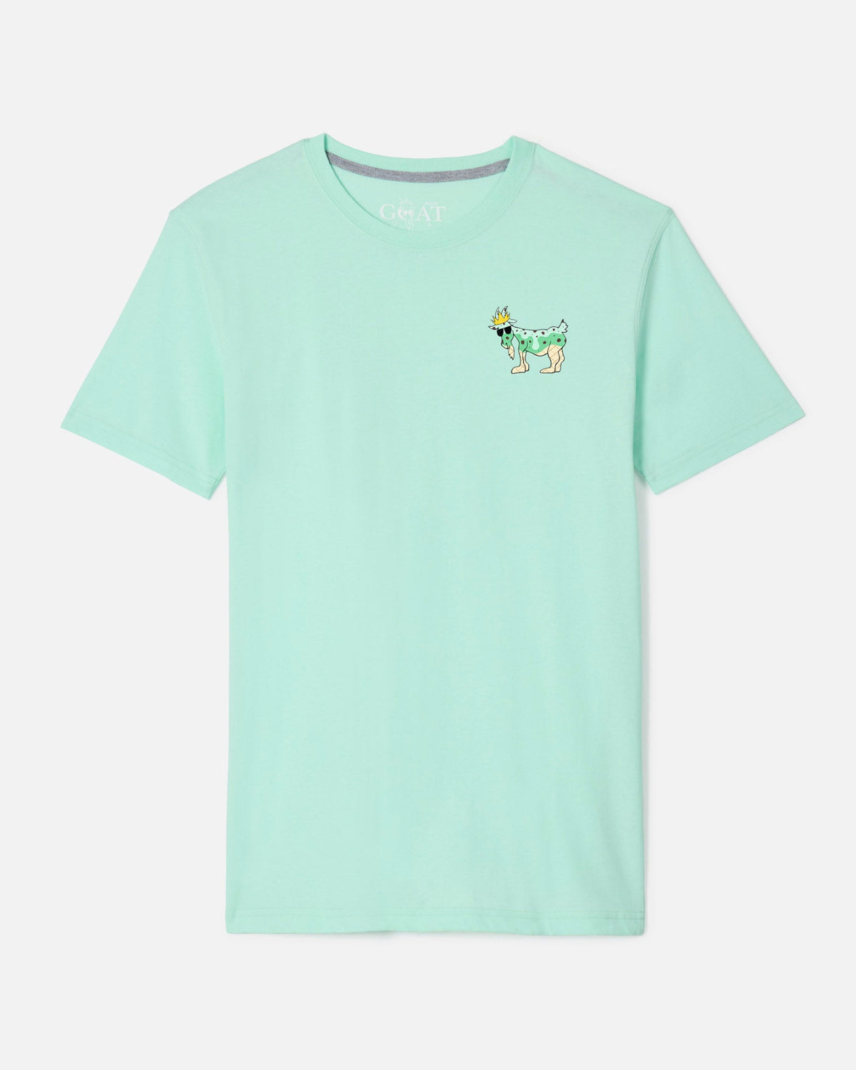 Front of mint t-shirt with Chuck the mint-chip ice cream GOAT left-chest logo