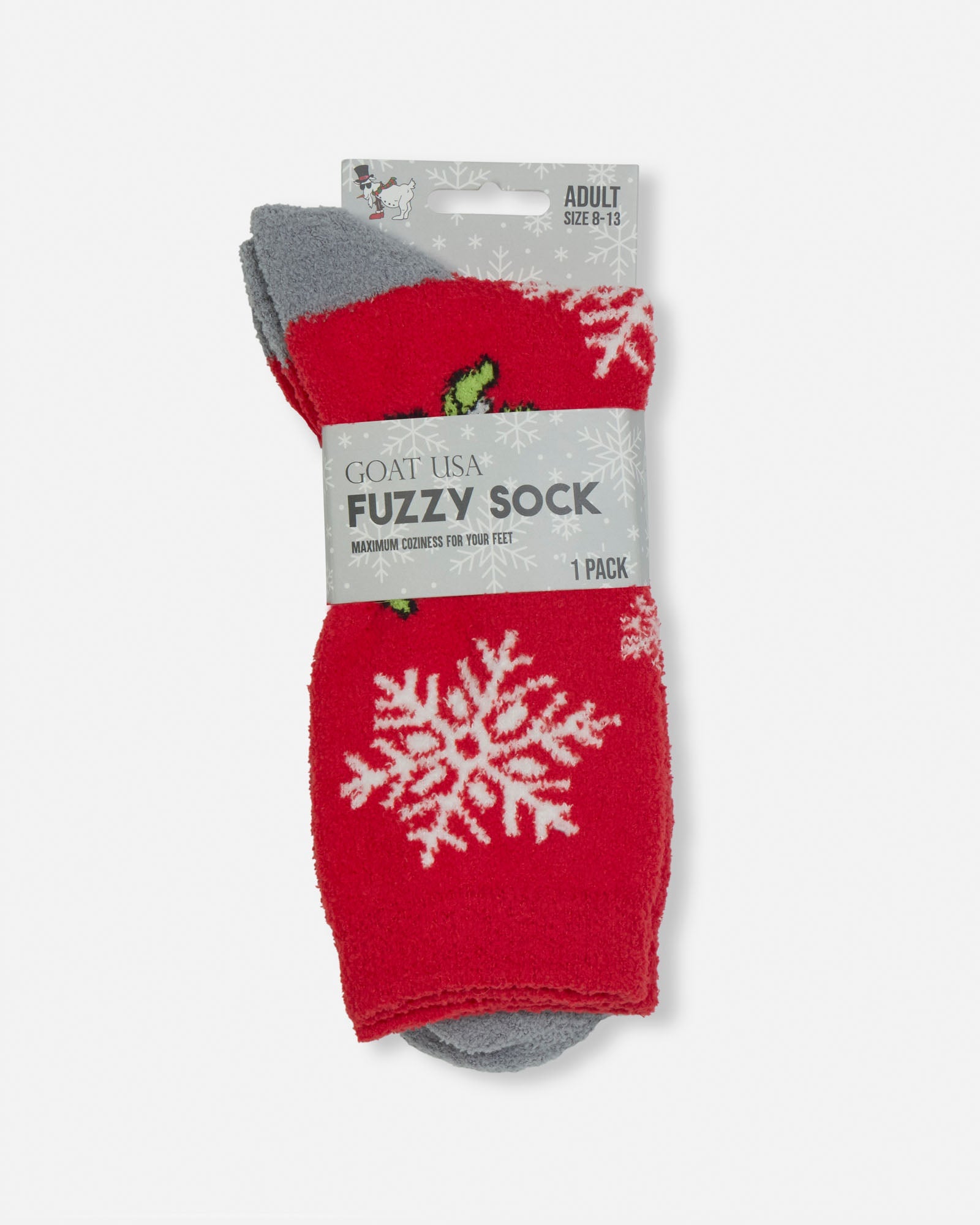 Red fuzzy socks with snowflake design on a white background
