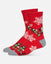 Red socks with naughty Santa goat and snowflake designs on a white background