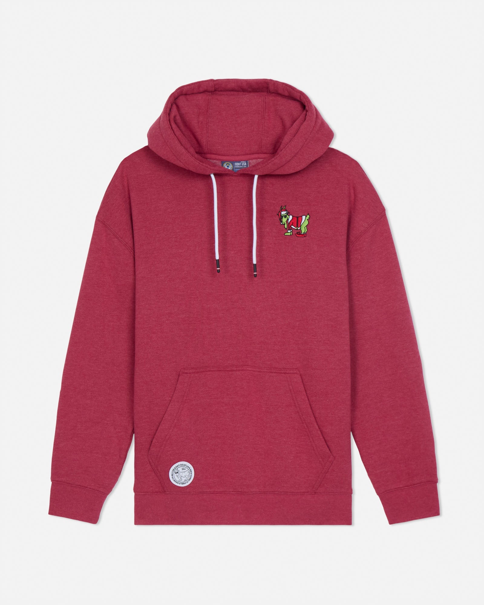 Red hoodie with a small graphic on the chest against a white background