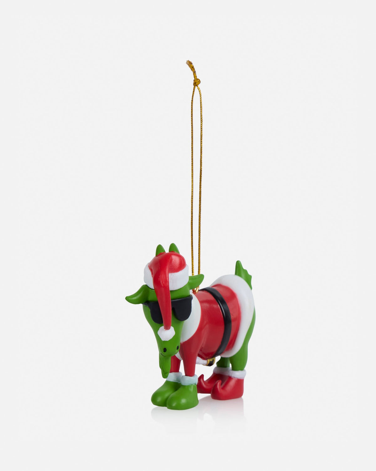 Christmas-themed figurine with a green base, red top, and white accents on a white background