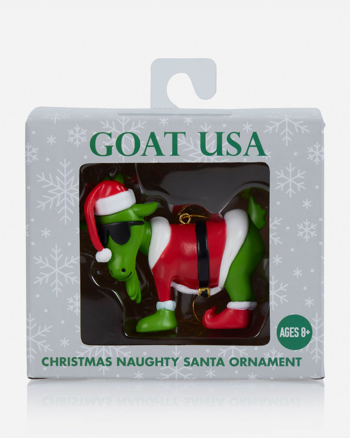 Christmas ornament packaging with 'GOAT USA' branding on a white background