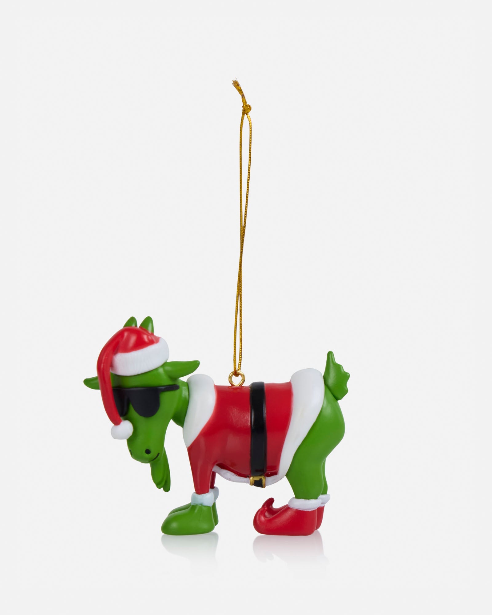 Christmas-themed goat ornament with a red and white hat on a white background