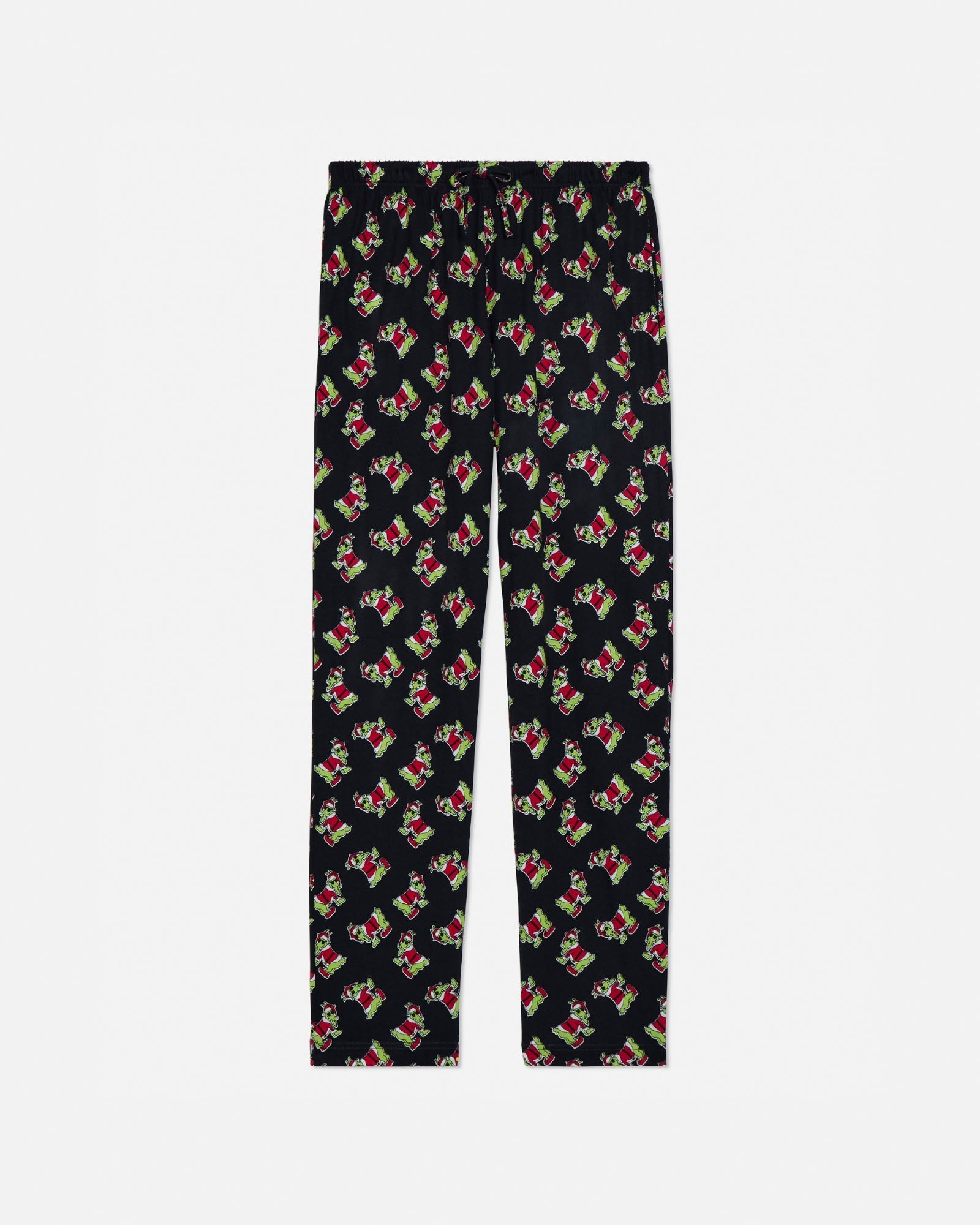 Black pajama pants with colorful pattern on a light gray background