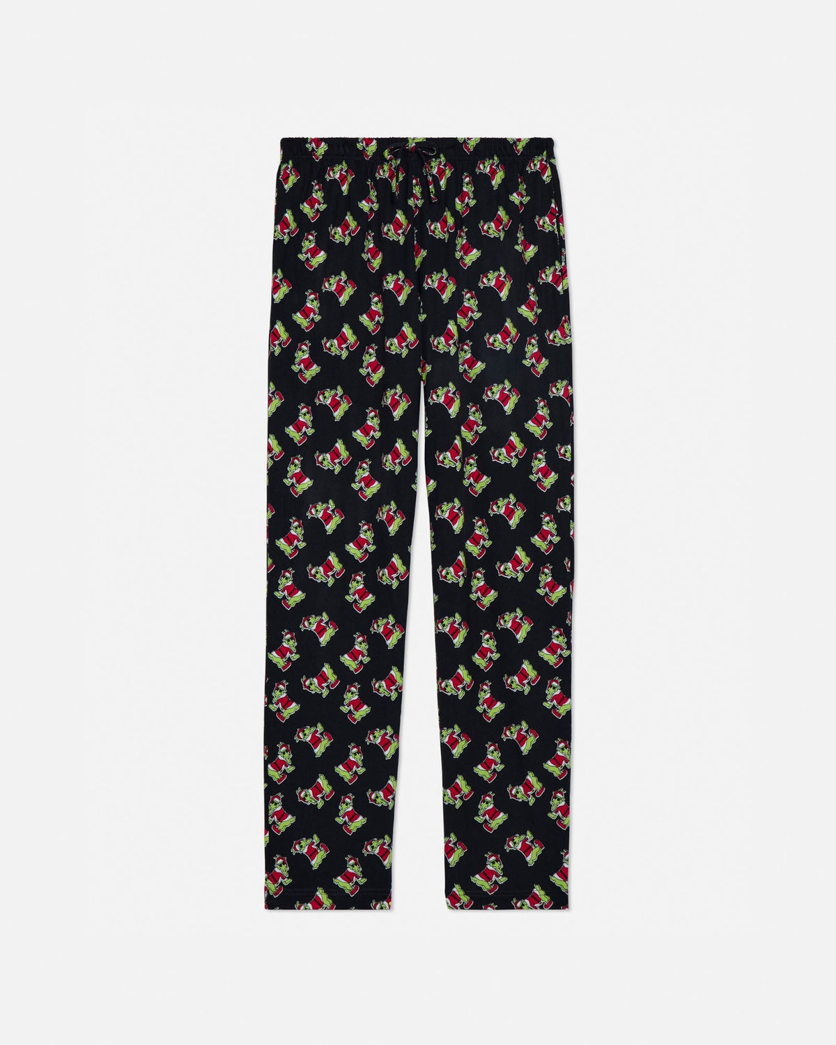 Black pajama pants with colorful pattern on a light gray background