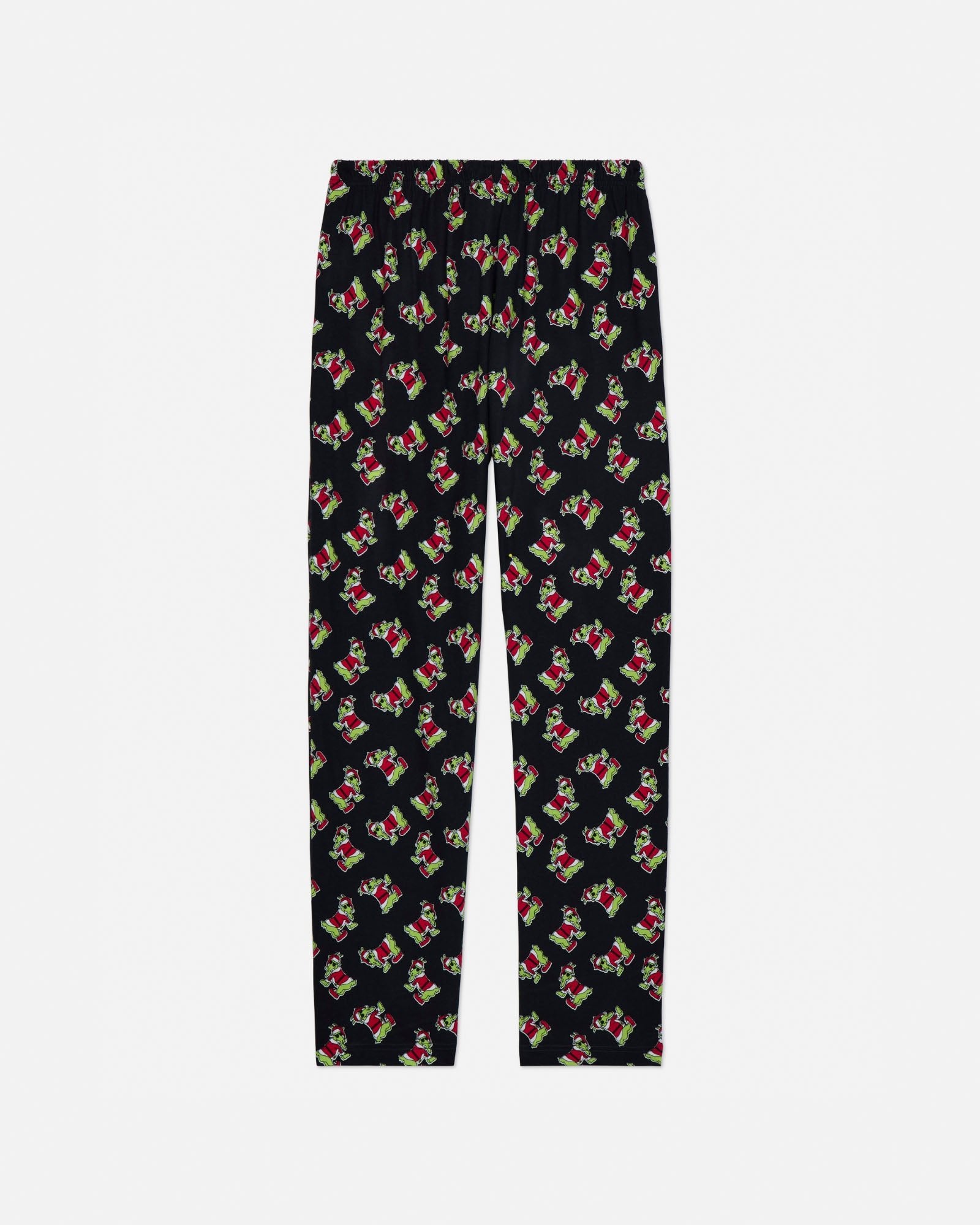 Black pajama pants with colorful pattern on a light gray background