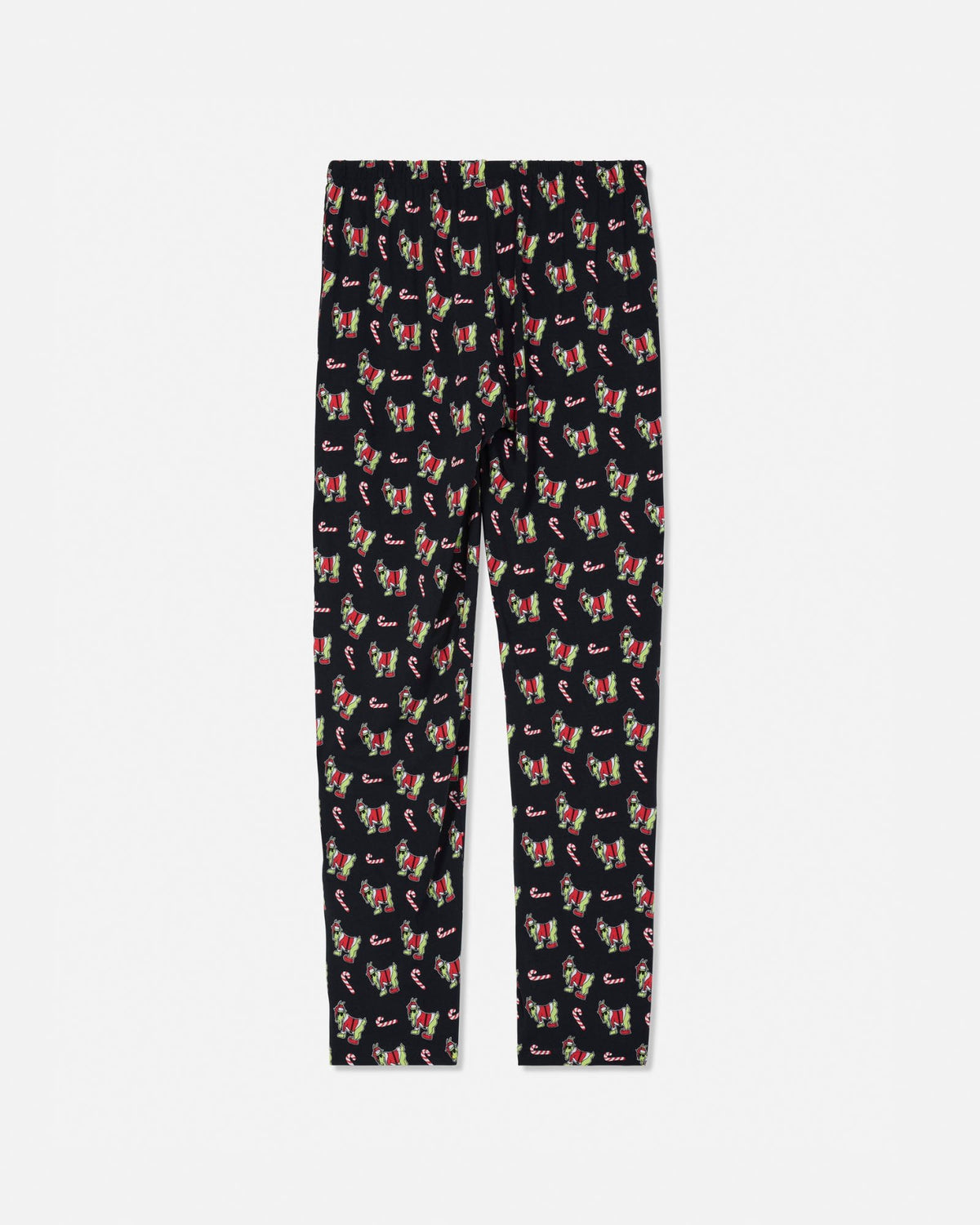 Black pajama pants with an all-over repeating pattern of colorful green santa goats, shown flat against a light gray background.