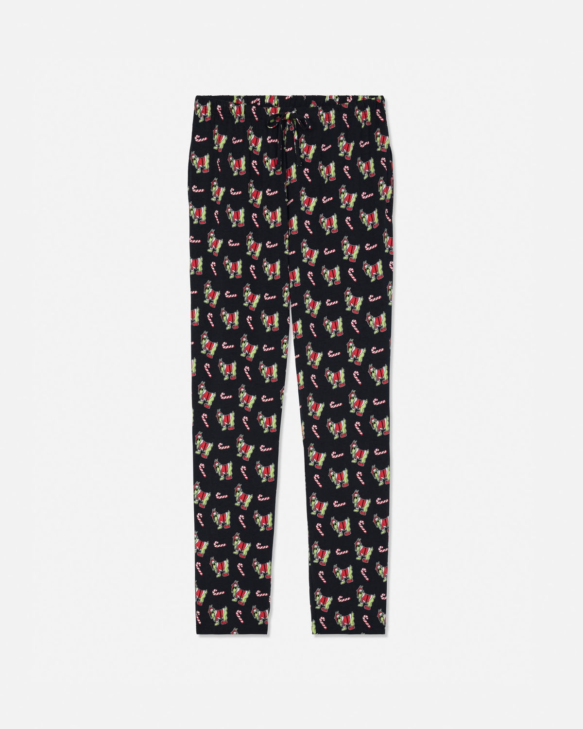 Black pajama pants with an all-over repeating print of colorful green goat santas, shown flat against a light gray background.