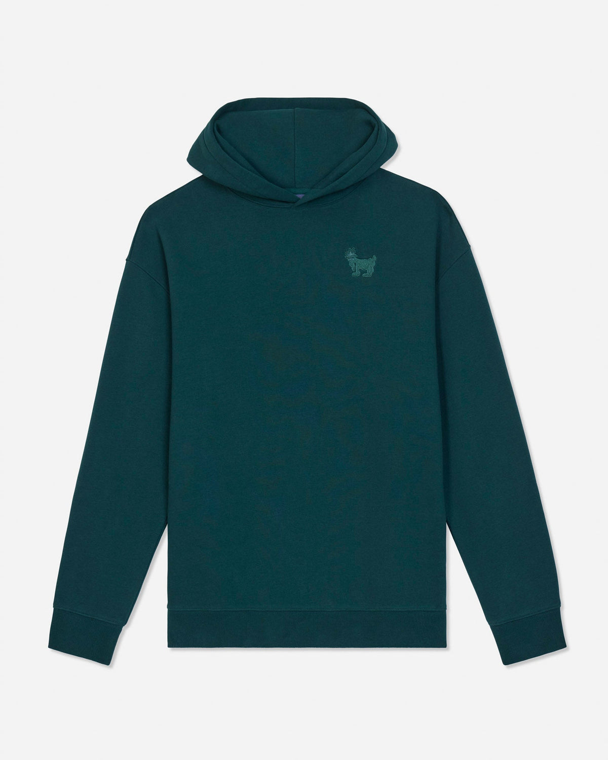 A dark teal-green pullover hoodie with a small tonal embroidered logo on the left chest, displayed against a light gray background.#color_sage