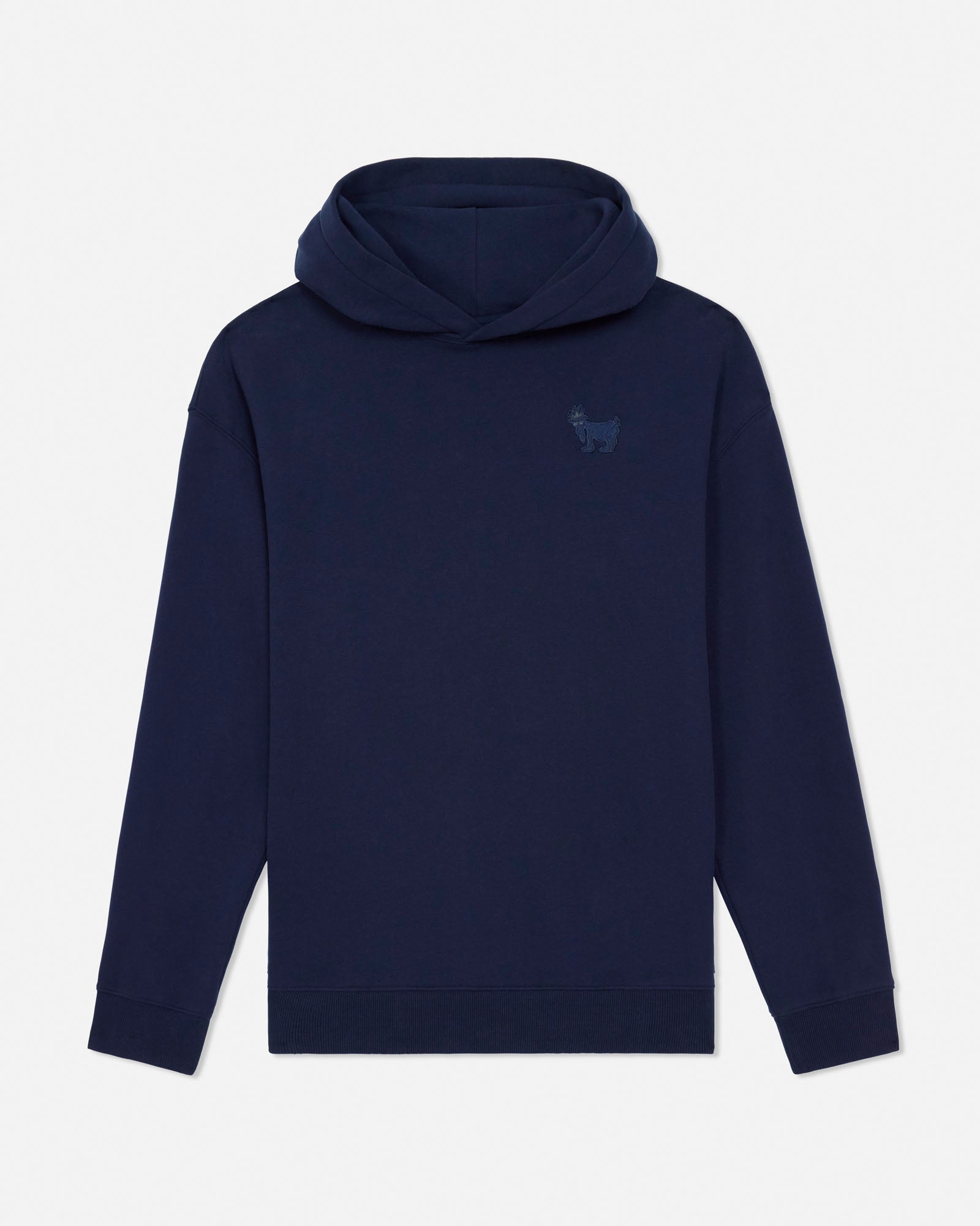 Navy blue hoodie with a small logo on the chest against a light gray background#color_navy-blazer