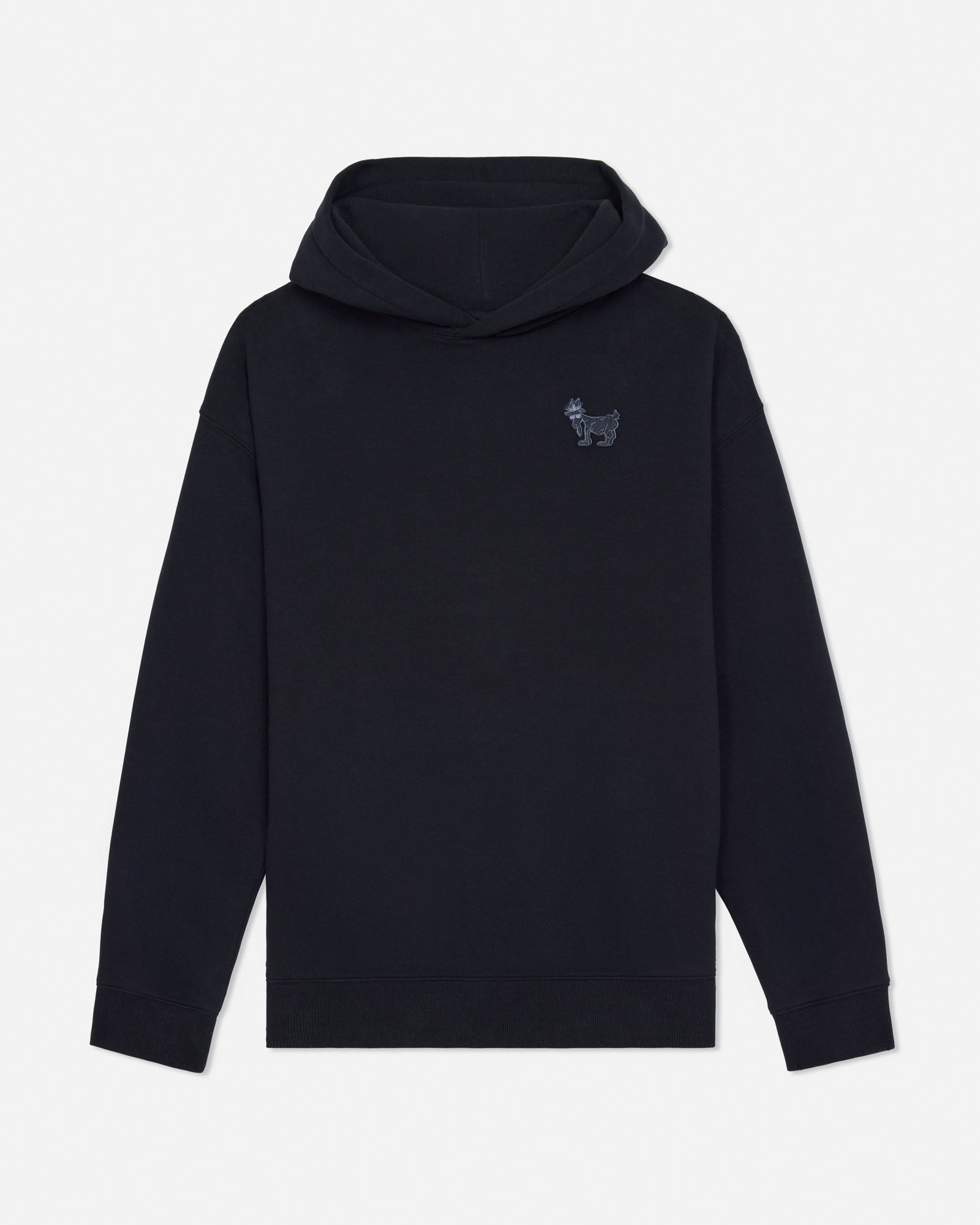 Black hoodie with a small logo on the back against a light gray background#color_black