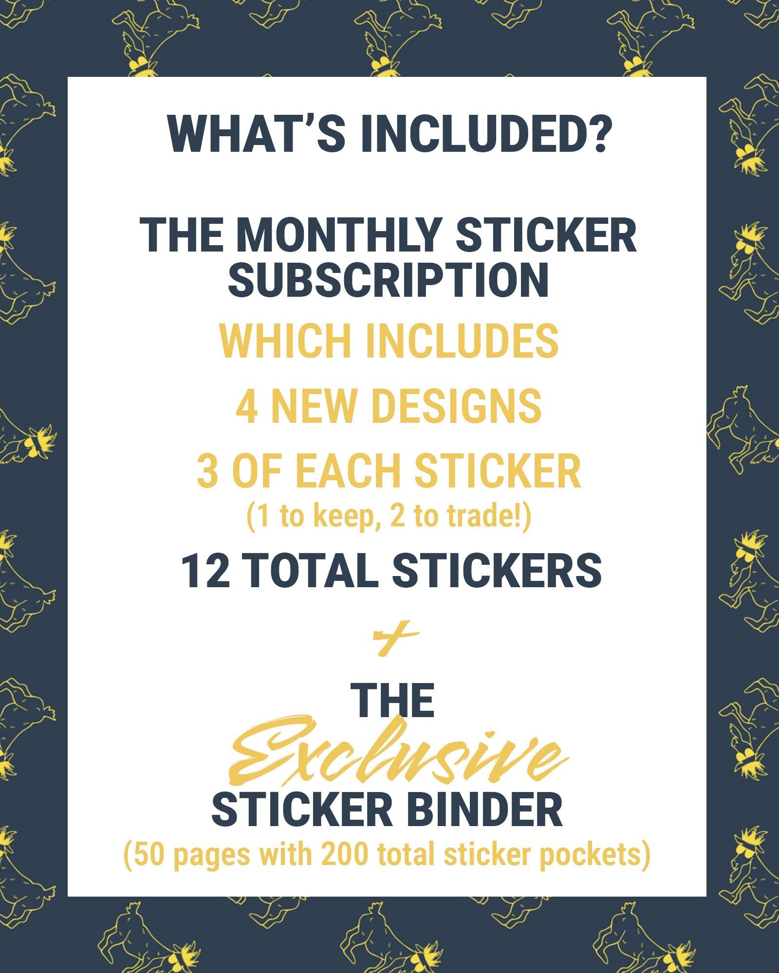 A promotional text graphic for a monthly sticker subscription, detailing what is included such as 4 new designs, 3 of each sticker, and 12 total stickers, plus an exclusive sticker binder. The text is displayed on a white central card with a navy blue border patterned with small yellow goat silhouettes.