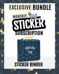 Promotional graphic for an exclusive monthly sticker subscription bundle, featuring a blue Goat USA sticker binder with gold and white illustrations, set against a white central card with bold text and a dark patterned border.