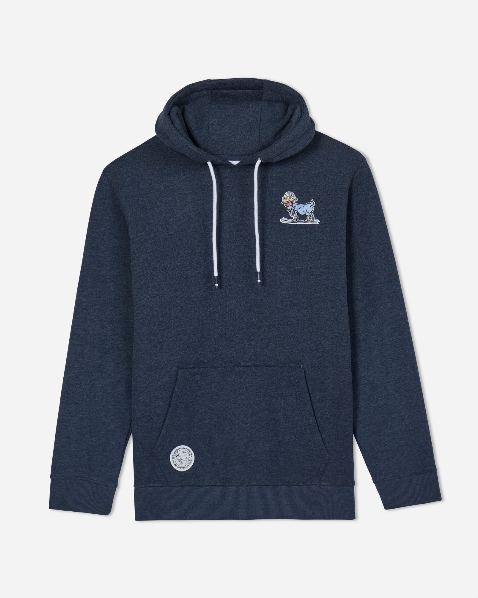 Navy sweatshirt with skiing goat left chest logo