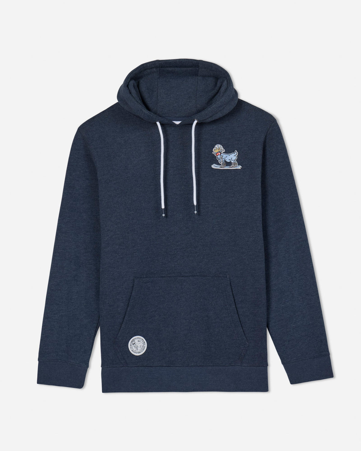 Navy sweatshirt with skiing goat left chest logo