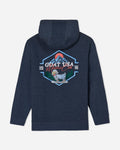 Navy sweatshirt with a skiing goat and a mountain in the background