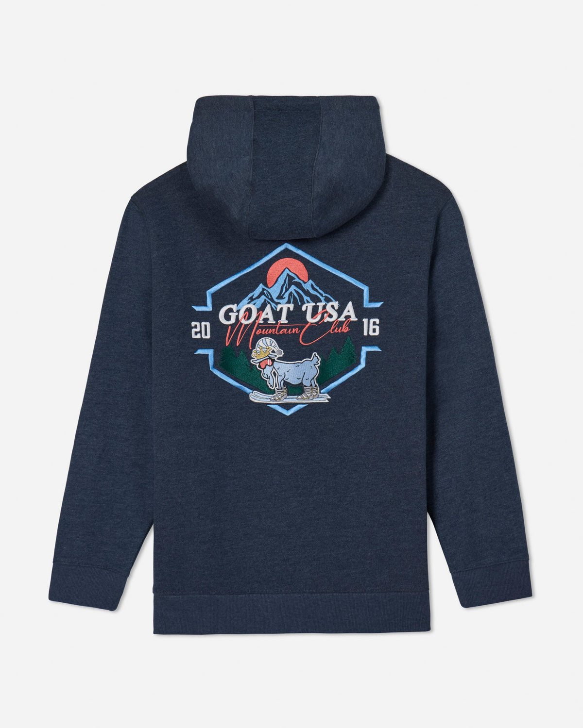 Navy sweatshirt with a skiing goat and a mountain in the background