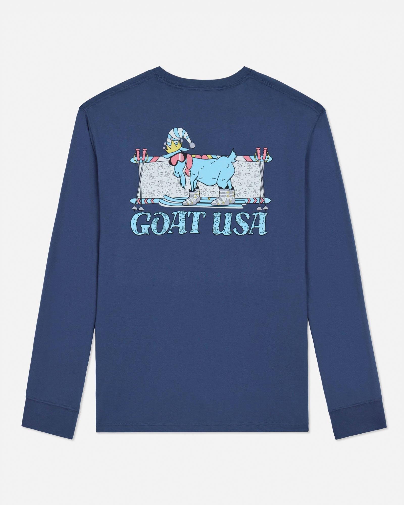 Navy blue long-sleeve shirt with graphic design on a light gray background
