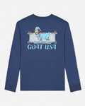 Navy blue long-sleeve shirt with graphic design on a light gray background