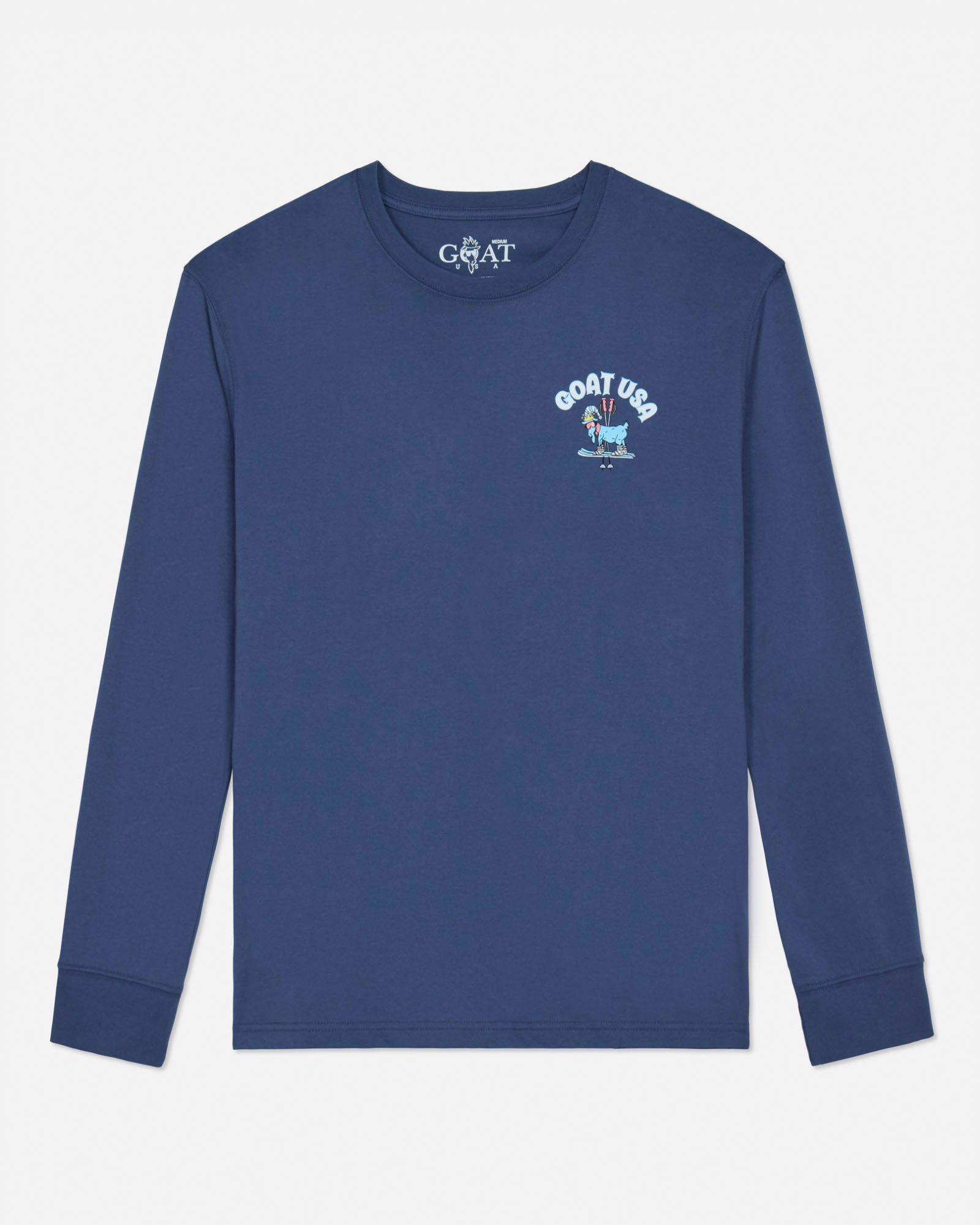 Blue long-sleeve shirt with 'GOAT USA' logo on a light gray background