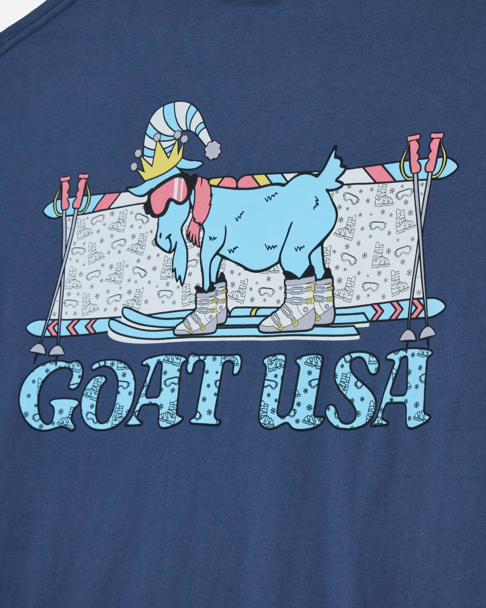 Navy blue t-shirt with a graphic of a goat skiing and the text 'GOAT USA' on a blue background.