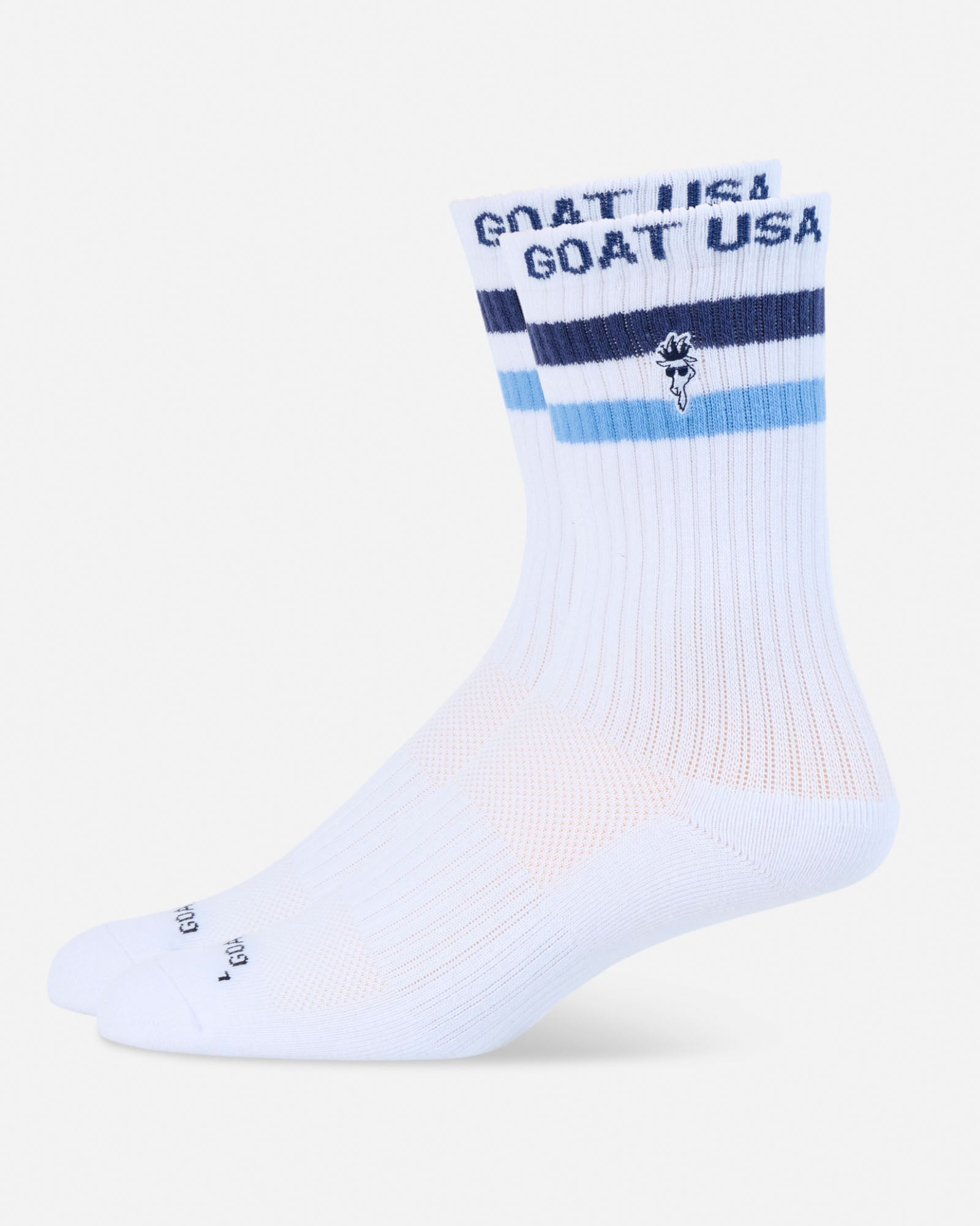 White sock with blue accents and 'GOAT USA' text on a white background