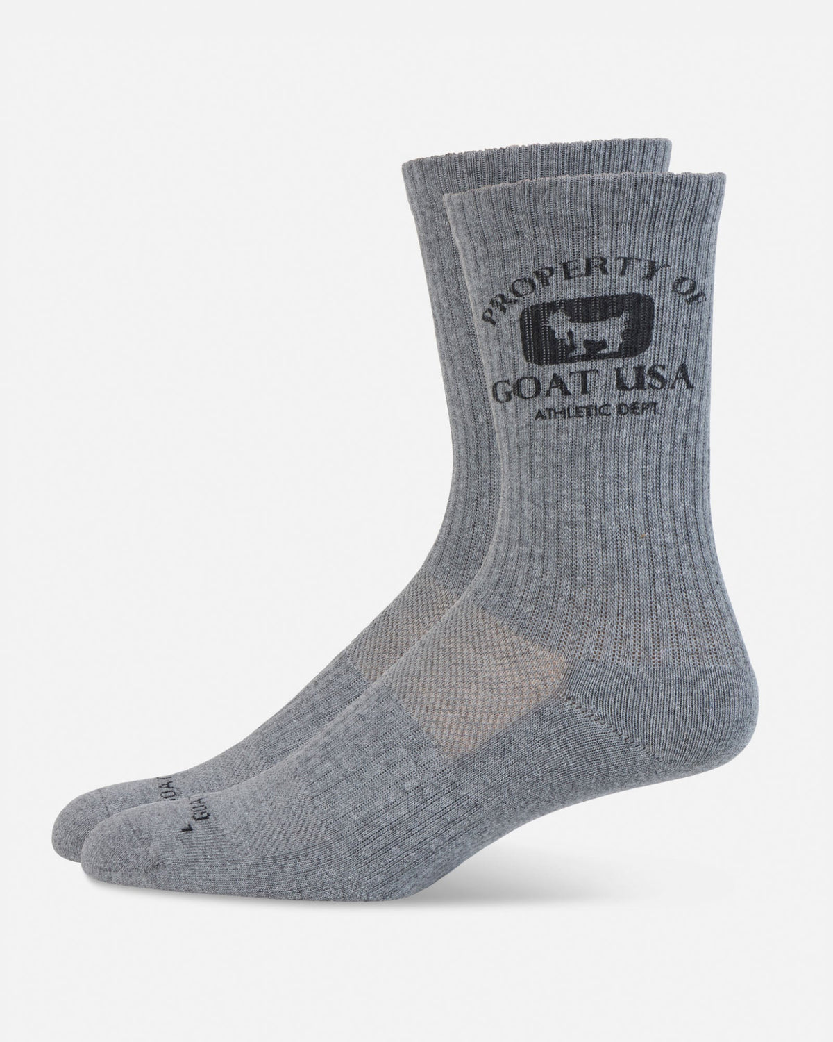 Gray socks with 'Property of GOAT USA' logo on a white background