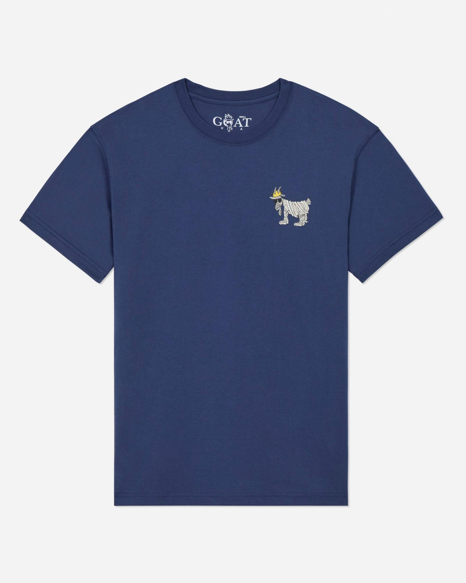 Navy blue t-shirt with a small graphic on a light gray background