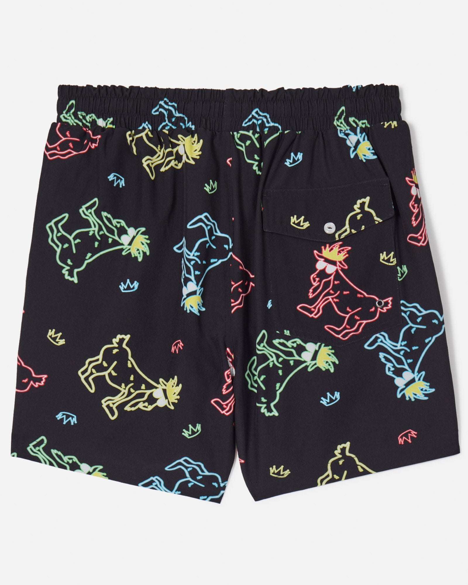 Back of black bathing suit with neon led-style goats