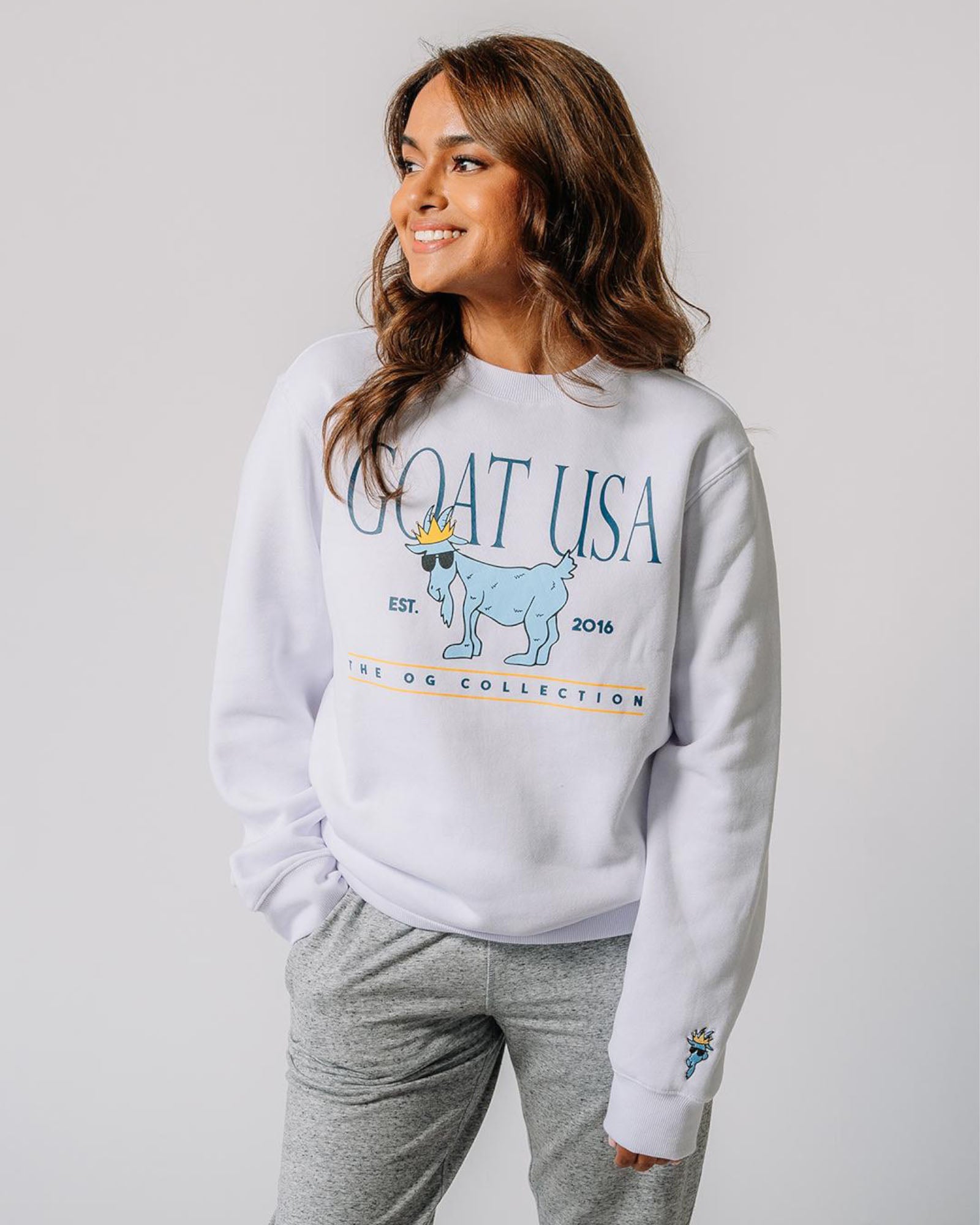 Model wearing white OG North Tyson Crewneck Sweatshirt#color_white