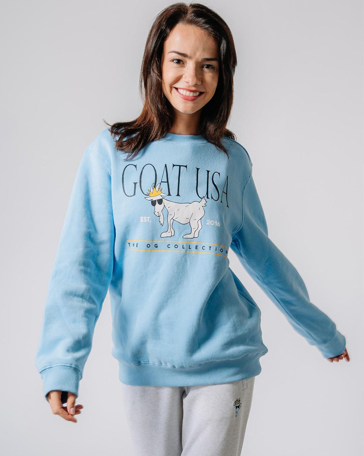 Model wearing carolina blue OG North Tyson Crewneck Sweatshirt