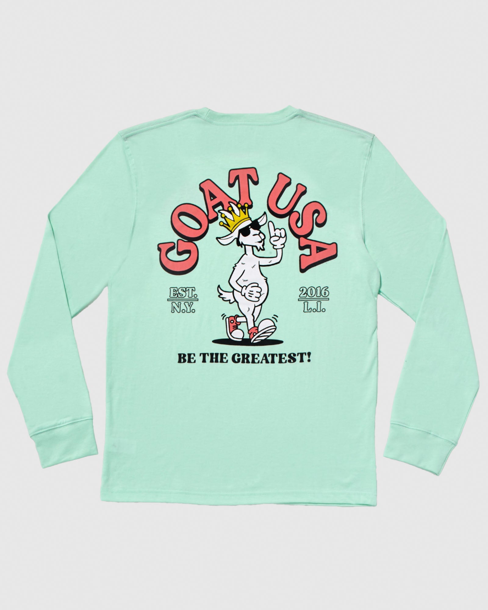 Mint long sleeve with bipedal goat holding up the number one